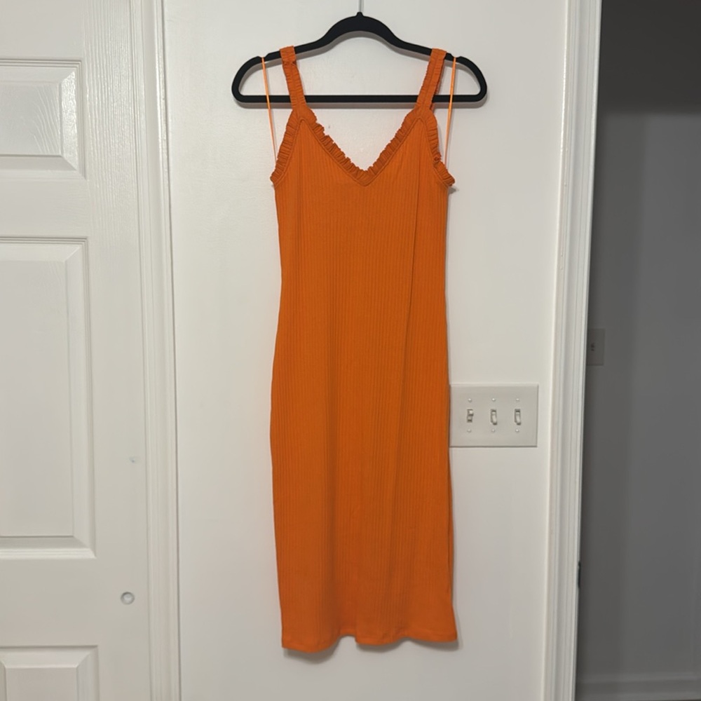 Zara Bright Orange Ribbed Textured Ruffle Dress - Picture 2 of 11